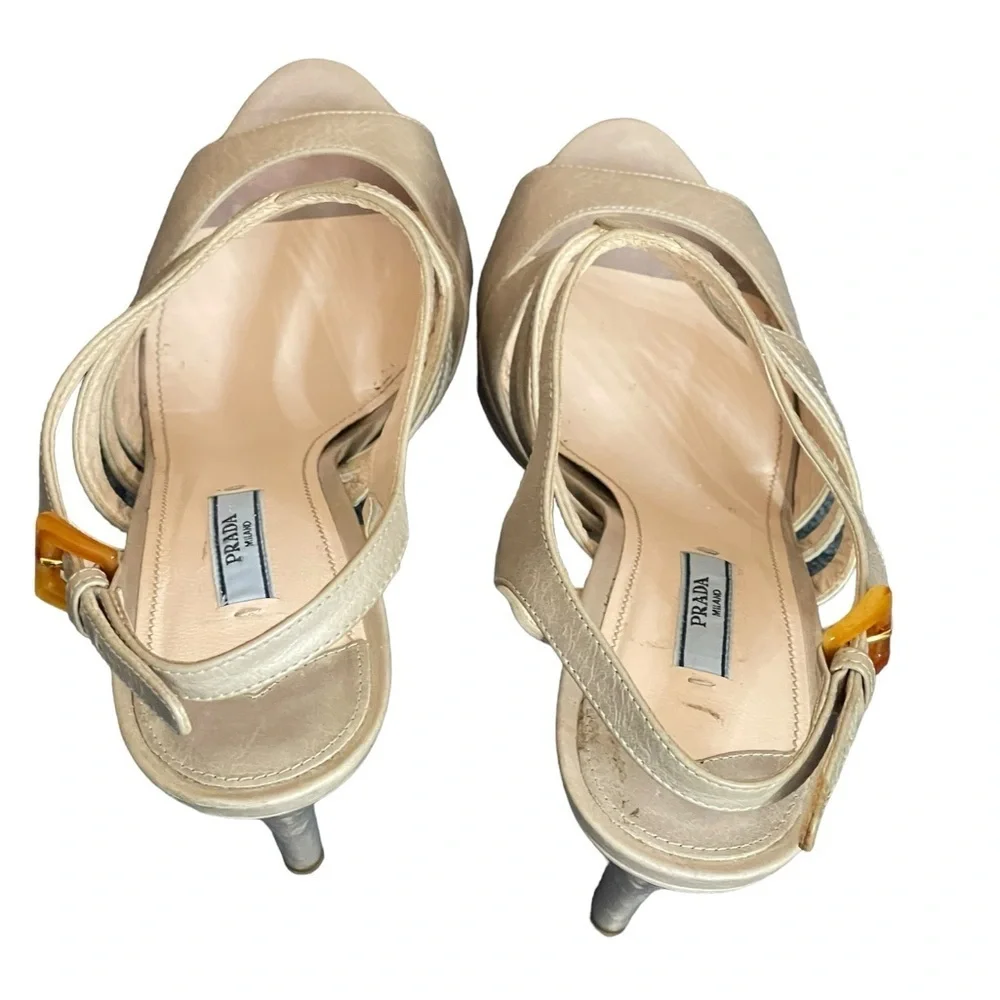 PRADA Women's Heels Calzatore Donna Grey‎ Leather Slingback Sandals size 41(11)